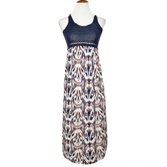 Ella Moss Navy Blue Crochet Colorful Watercolor Split Hem Sleeveless Maxi Dress - Picture 2 of 12
